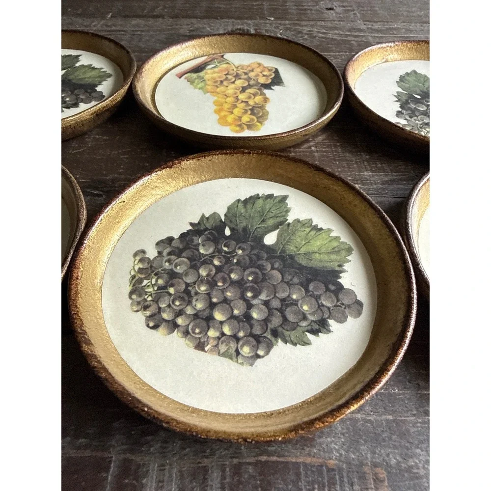 Horchow Italian Florentine Gilt Wood Grape Coasters Set of 6 Made in‎ Italy